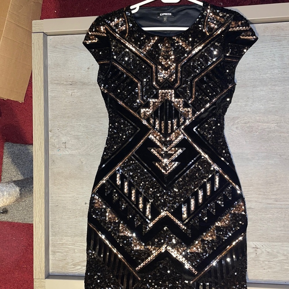 Velvet dress w/black & gold sequin tribal pattern